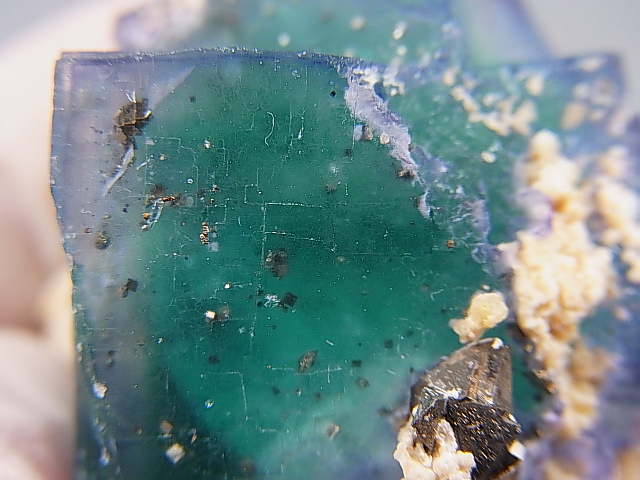 画像: ヤオガンシャン産蛍光ブルーグリーンフローライト原石（水晶/パイライト付き） 42.3g